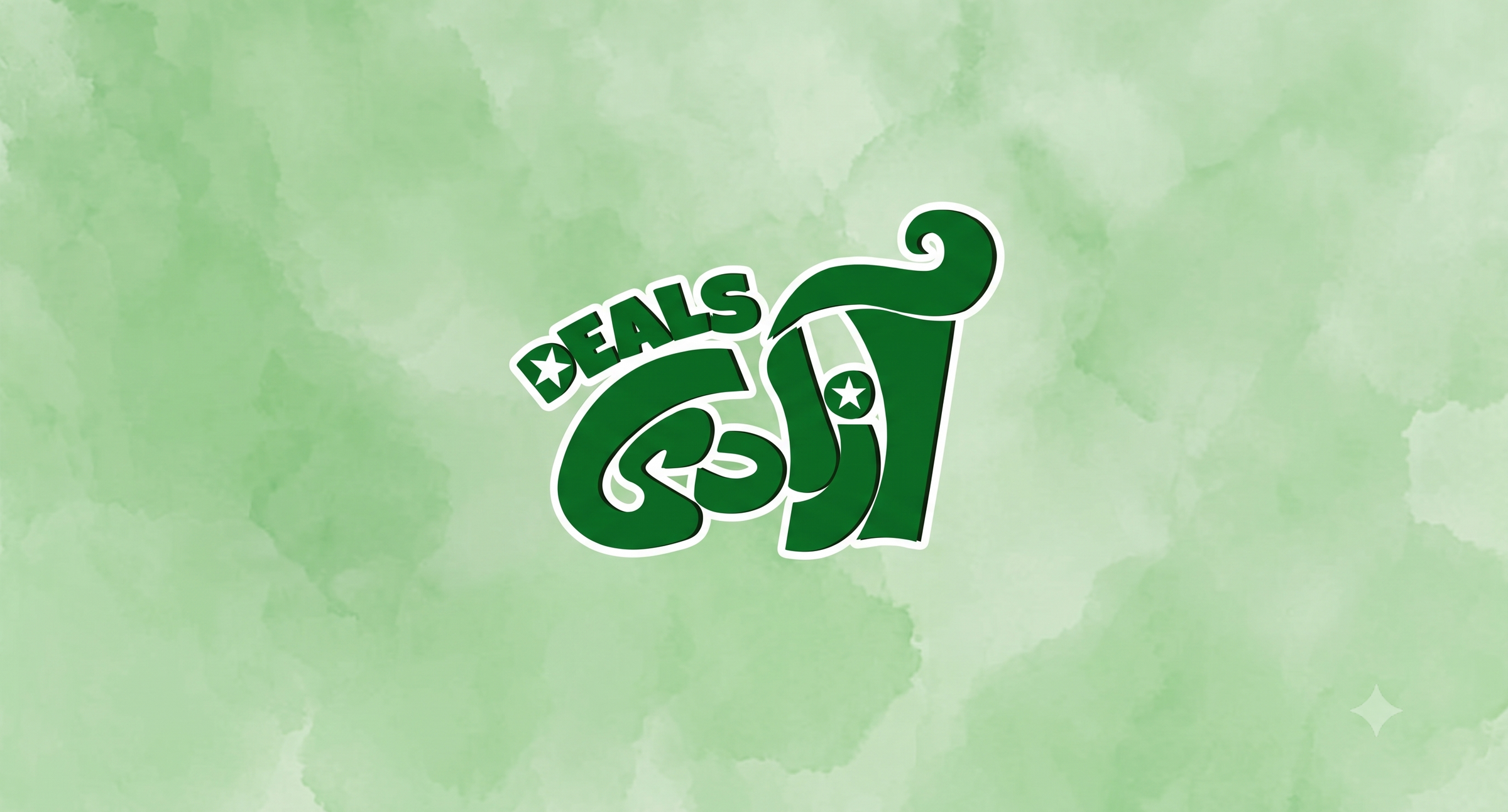 A green stylized logo with the word 'DEALS' and Arabic script on a light green watercolor background.