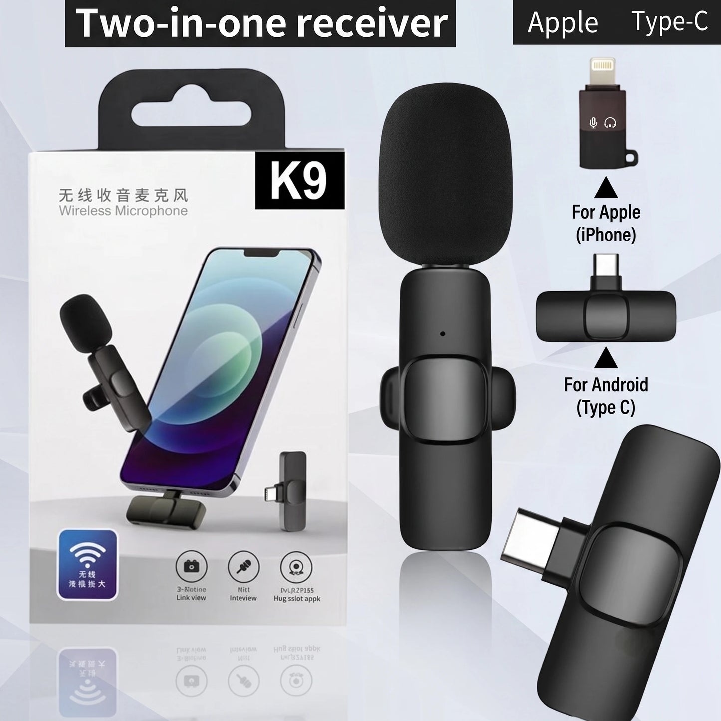 K9 Original Wireless Microphone | Clip-On Lavalier Mic for iPhone, Android & Type-C